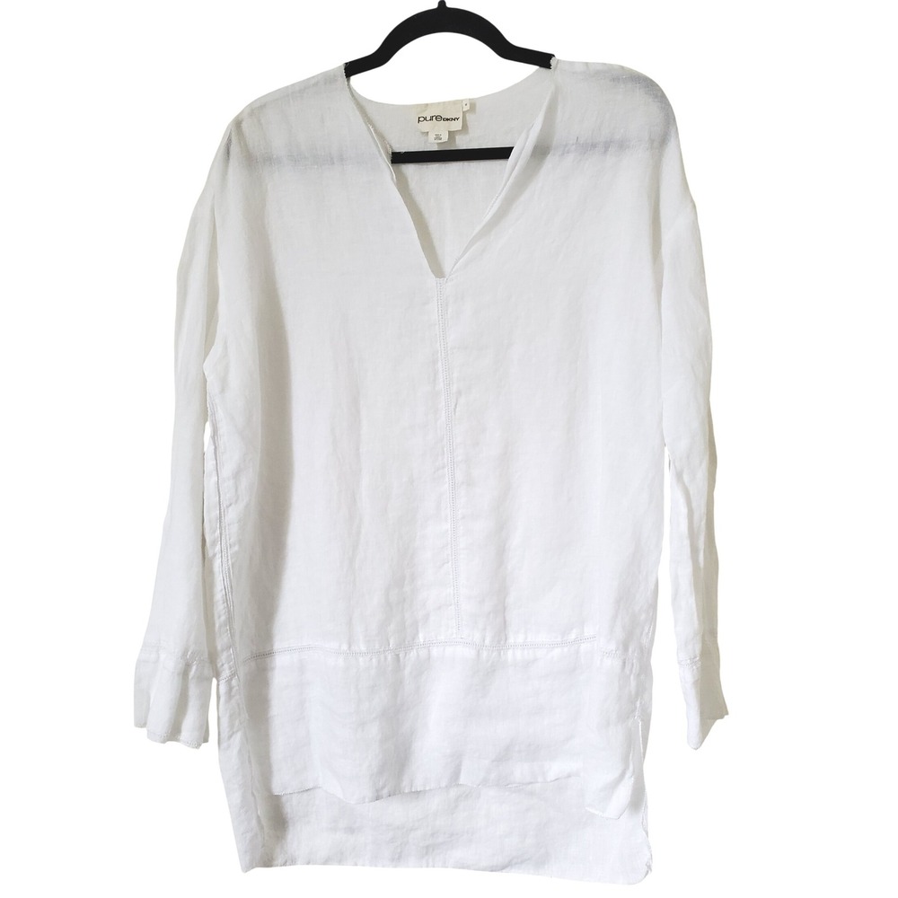 pure‎ DKNY White Linen V-NECK Long Sleeve Tunic Top Women Small Designer  Beach